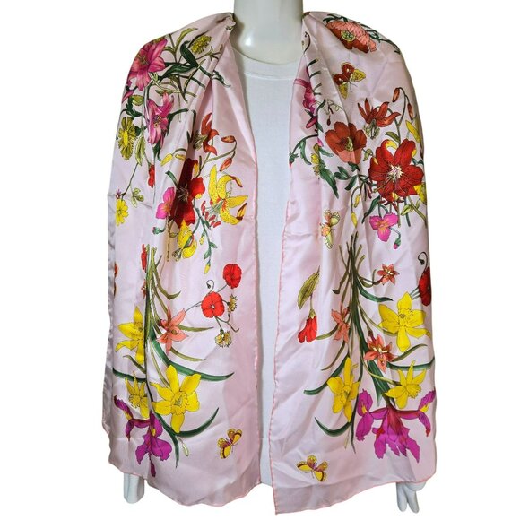 Floral Butterfly Print 100% Silk Pink Scarf Wrap Shawl Lightweight & Elegant - Picture 2 of 11